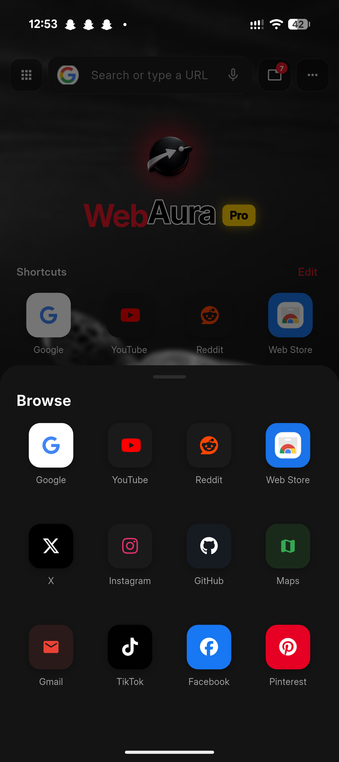 Web Aura browse menu with social shortcuts