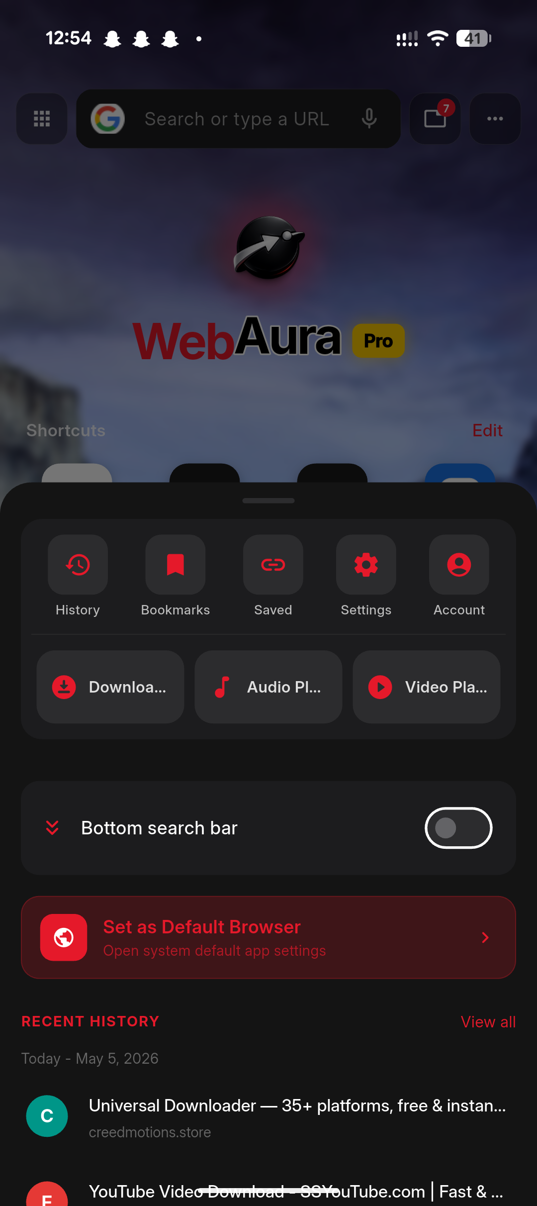 Web Aura browser home with bottom search bar