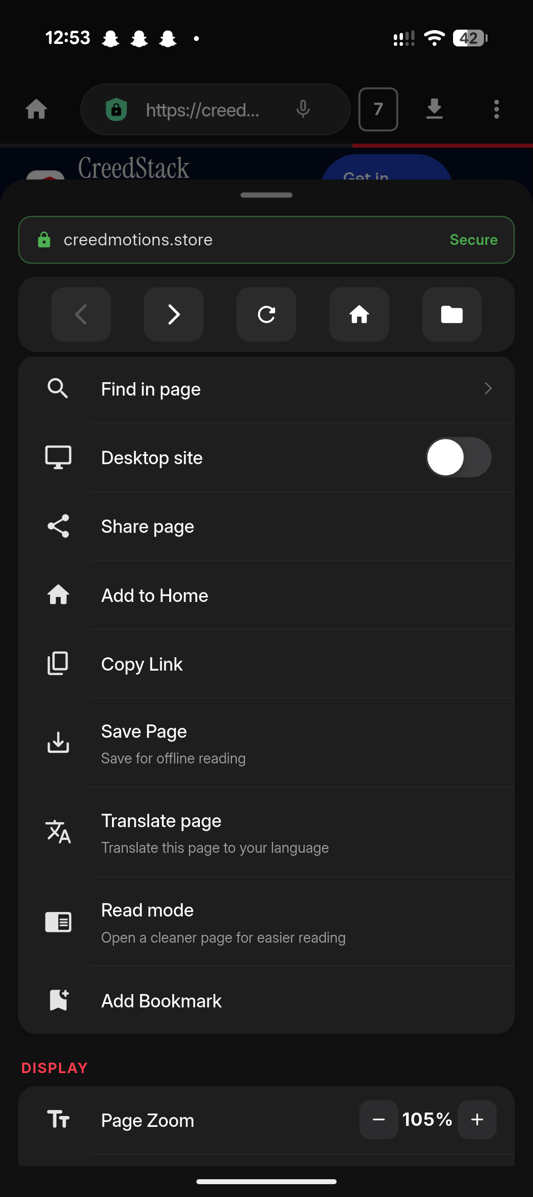 Web Aura page menu with reader mode