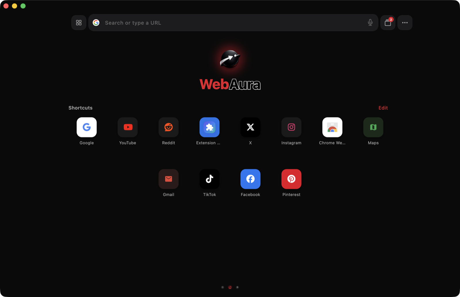 WebAura desktop home with shortcuts and search